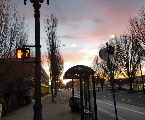 Bus stop at sunrise